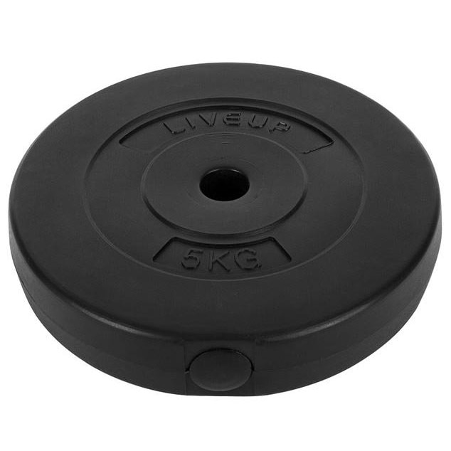 Greutate rotunda pentru bara sau gantera LiveUp, Plastic, 5 kg, Diametru 25 cm, Negru