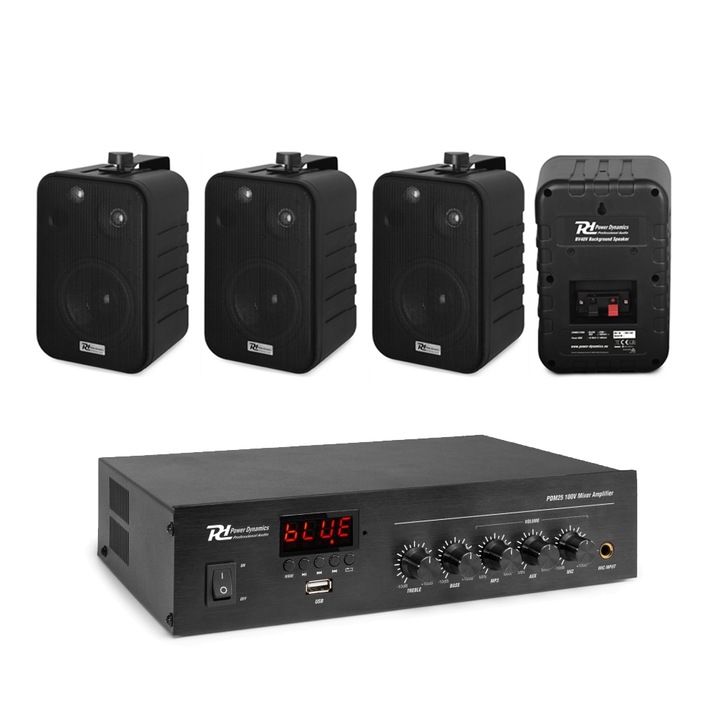 Sistem Audio Ambiental, 4 boxe perete, 1 Amplificator, Usb, Bluetooth, Negru
