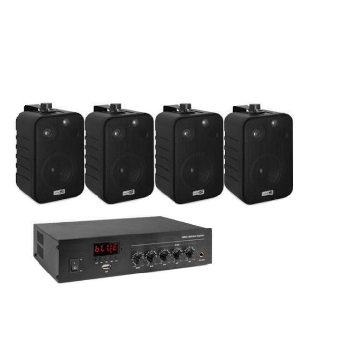 Sistem Audio Ambiental, 4 boxe perete, 1 Amplificator, Usb, Bluetooth, Negru