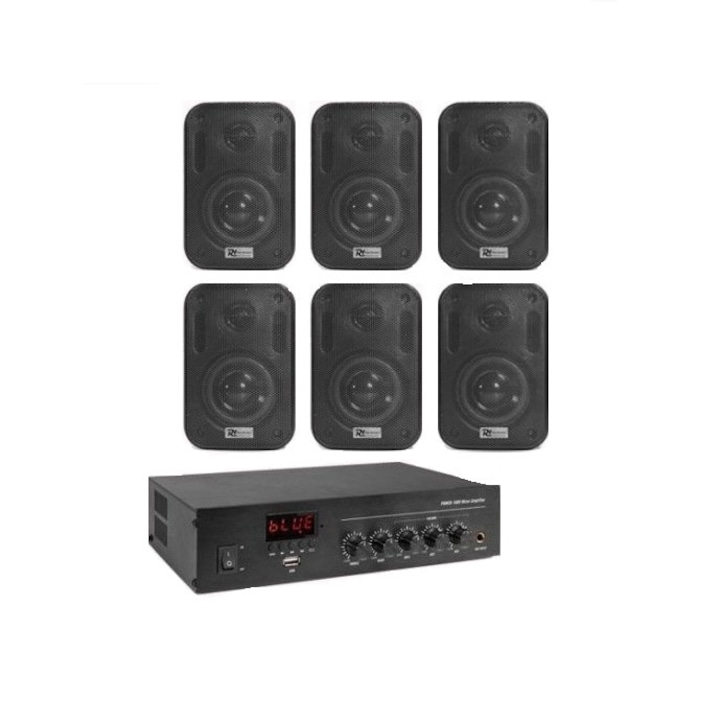 Sistem Audio Pentru Terasa si Gradina, Audiosat, 6 boxe exterior, Bluetooth, USB, 45W, Negru