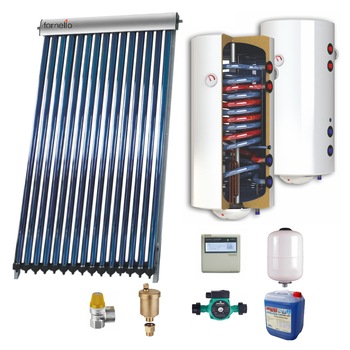 Sistem solar presurizat, panou Fornello 20 Tuburi Heat Pipe, boiler cu 2 serpentine si rezistenta electrica Sunsystem 200 litri, pompa 25-60, controller, vas expansiune, antigel, supapa 1/2, aerisitor 1/2 Sistem solar presurizat, panou Fornello 20 Tuburi Heat Pipe, boiler cu 2 serpentine si rezistenta electrica Sunsystem 200 litri, pompa 25-60, controller, vas expansiune, antigel, supapa 1/2, aerisitor 1/2