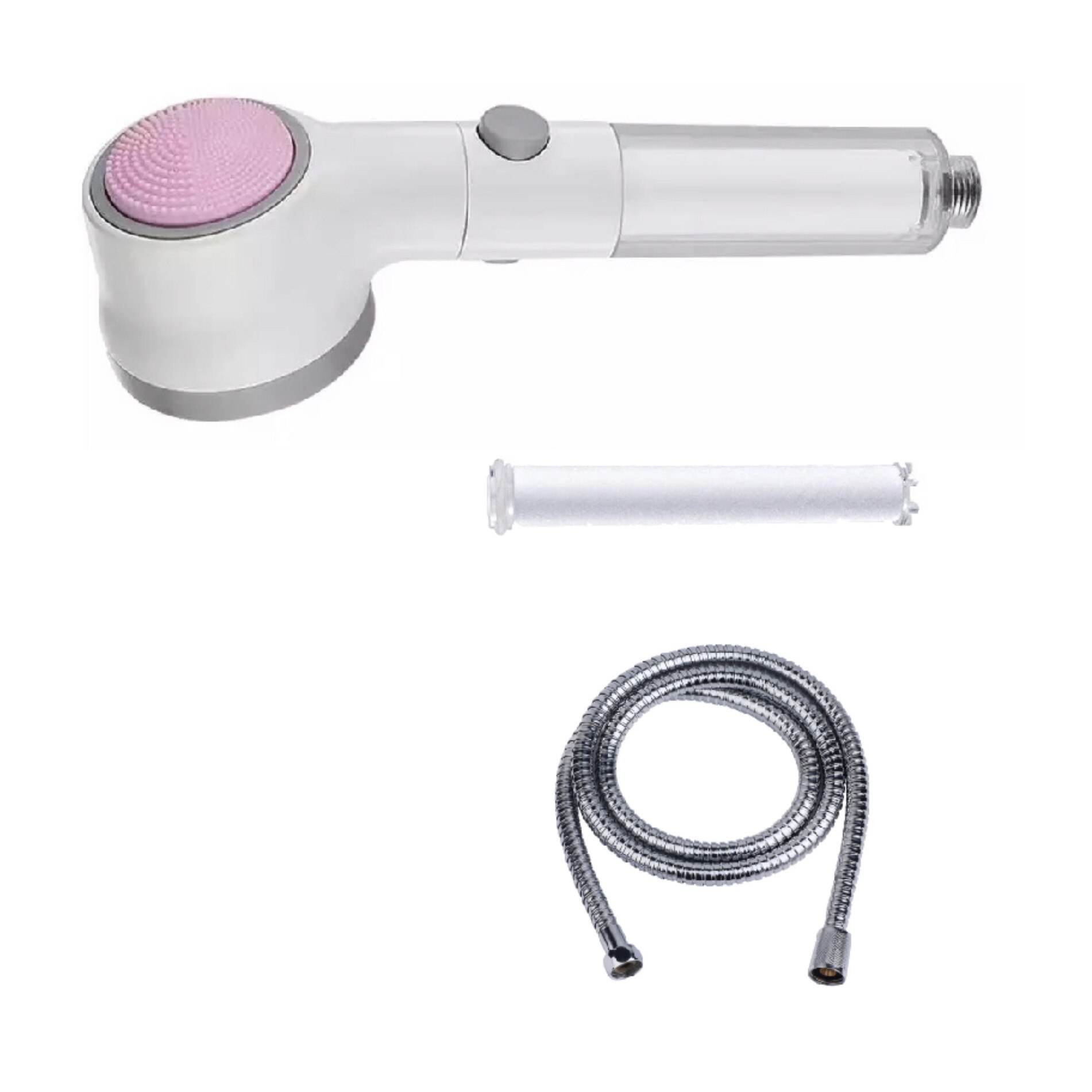 Pachet 3 piese , Cap de dus cu microfiltru de bumbac, granule minerale si perie siliconica de curatat + rezerva microfiltru bumbac + furtun inoxidabil calitate premium, COMENG LTD