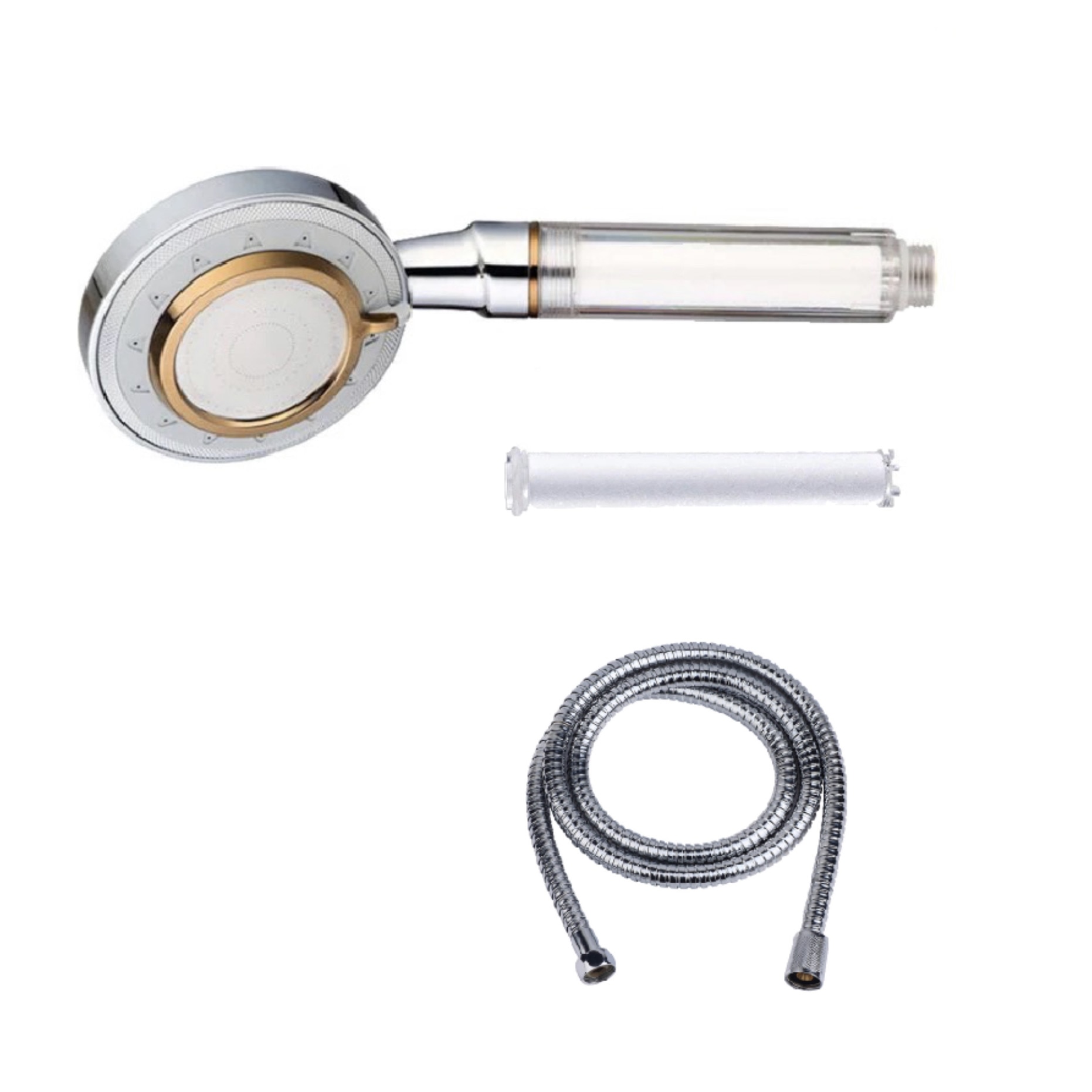 Pachet 3 piese, Cap de dus cu microfiltru de bumbac cu 3 jeturi: masaj, ploaie, furtuna + rezerva microfiltru + furtun inoxidabil calitate premium, COMENG