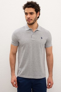 U.S. Polo Assn., Вталена тениска от памучно пике с яка, Светлосив / Тъмносин, XL