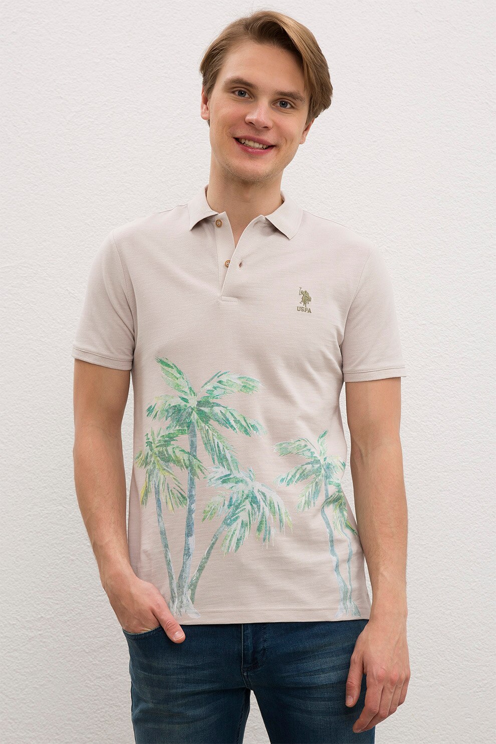 U.S. Polo Assn., Tricou polo slim fit cu imprimeu tropical, Maro nisip/Verde