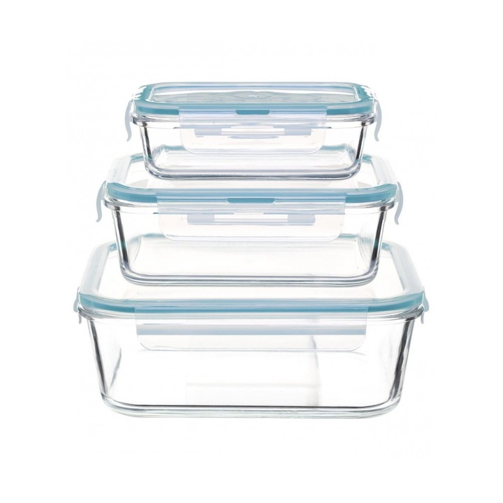 Set 3 cutii alimentare, 5five, patrate, sticla, inchidere ermetica