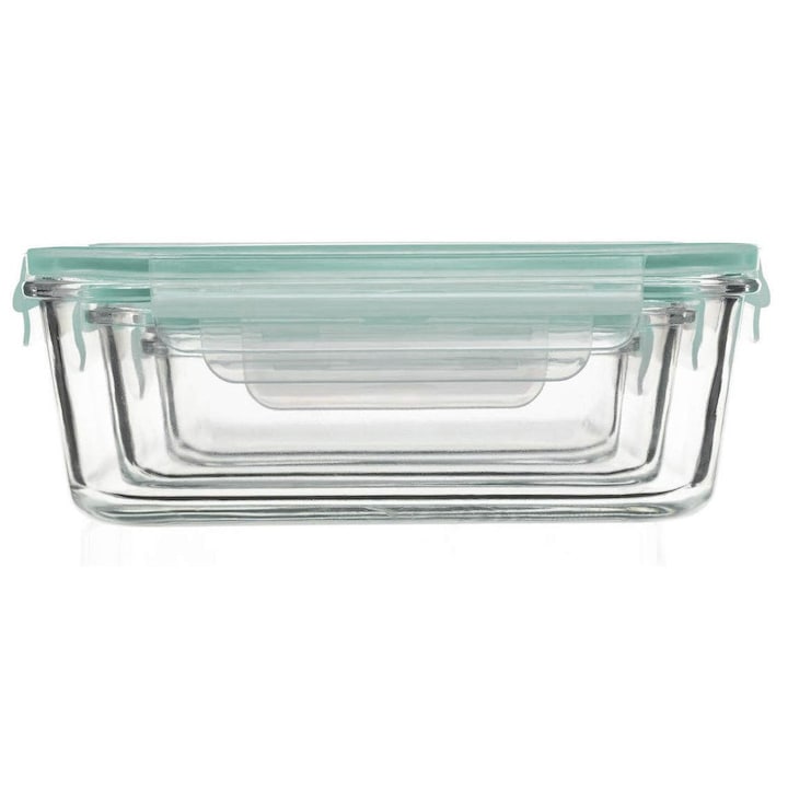 Set 3 caserole din sticla patrate 5Five Clipeat, capac albastru, 2.2L + 800ml + 330ml