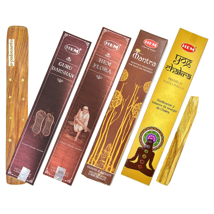 Spiritual Guru Premium Set 4 ароматизирани пръчици (Guru Darshan, Hem Flora, Mantra, Yog Chakra) и Palo Santo Wood, подкрепа, e-palosanto, ароматерапия