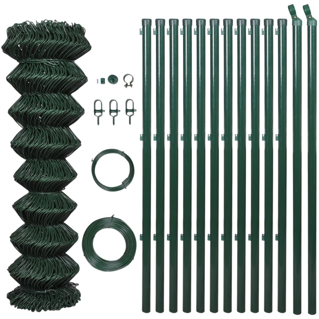 Set gard de plasa cu stalpi, vidaXL, Otel galvanizat, 15 x 1.5 m, Verde