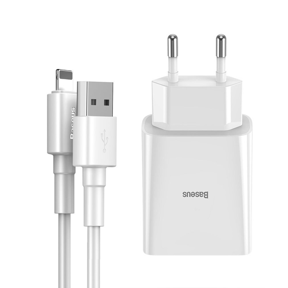 Incarcator de retea Baseus, 2 x USB, cablu USB/USB-Lightning, Alb