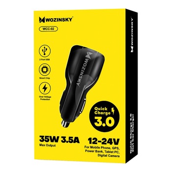 Incarcator auto Wozinsky, Quick charge 3.10, 2 x USB, 3.1 A, Negru Incarcator auto Wozinsky, Quick charge 3.10, 2 x USB, 3.1 A, Negru