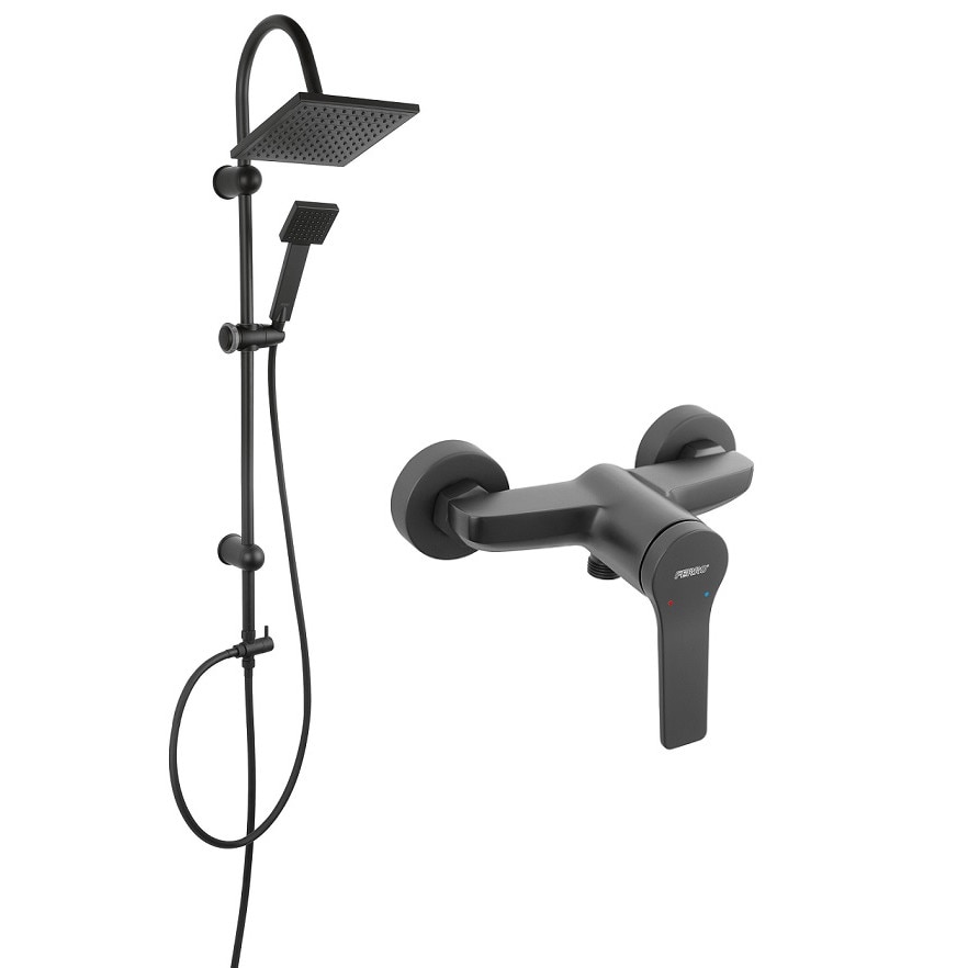 Pachet 2in1 Coloana de dus Ferro Stratos, cu baterie dus Negru Mat, set bara dus Negru Mat, dus fix, para dus mobila