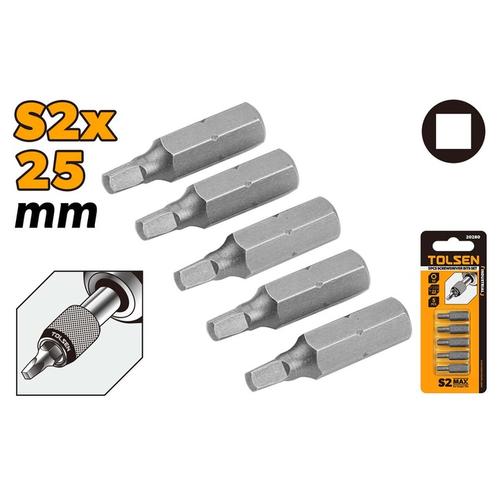 Set varfuri surubelnita TOLSEN 5 buc, S2x25 mm, otel industrial calit si detensionat, finisaj satinat, rezistenta ridicata, pentru insurubare precisa, Industrial