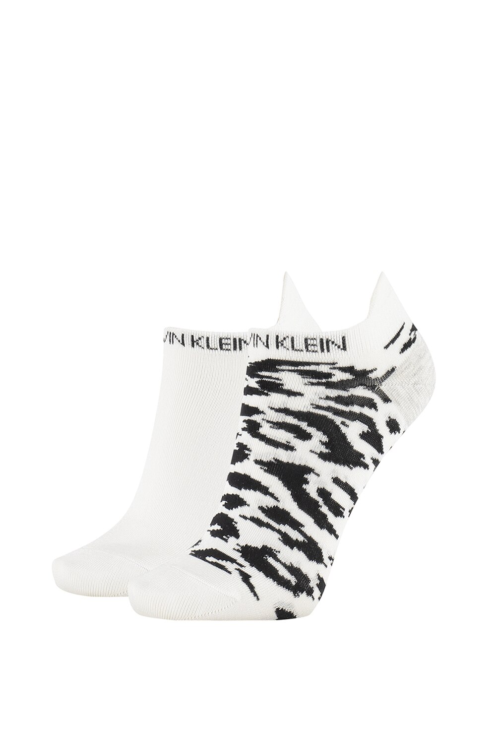 Calvin Klein, Set de sosete scurte uni si cu imprimeu- 2 perechi, Alb/Negru, One Size
