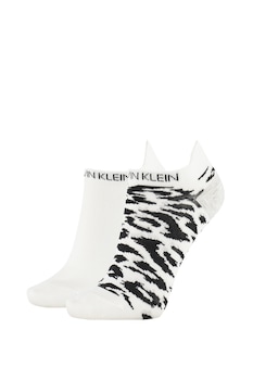 Calvin Klein, Set de sosete scurte uni si cu imprimeu- 2 perechi, Alb/Negru, One Size Calvin Klein, Set de sosete scurte uni si cu imprimeu- 2 perechi, Alb/Negru, One Size