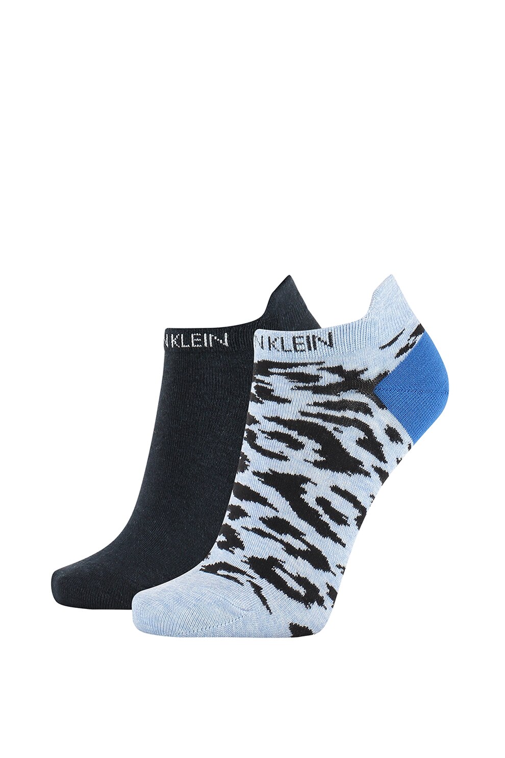 Calvin Klein, Set de sosete scurte uni si cu imprimeu- 2 perechi, Negru/Albastru, One Size