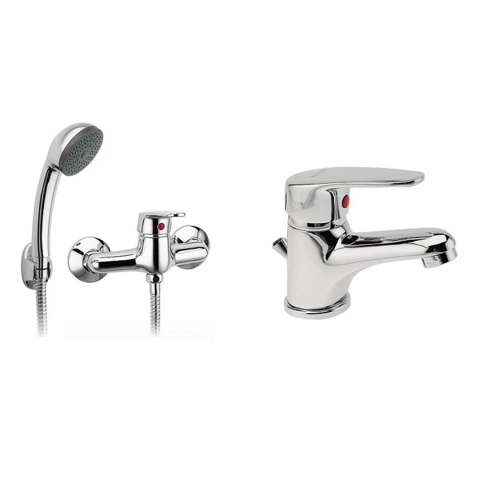 Pachet 2in1 baterie perete dus cu accesorii si baterie lavoar cu ventil Smile, crom