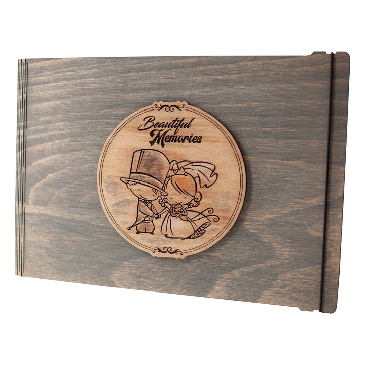 Album foto / GuestBook / Caiet amintiri din lemn VintageBox personalizata prin gravare model "Proaspat casatoriti, Beautiful Memories" - culoare Gri