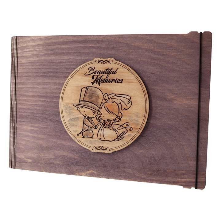 Album foto / GuestBook / Caiet amintiri din lemn VintageBox personalizata prin gravare model "Proaspat casatoriti, Beautiful Memories" - culoare Mov