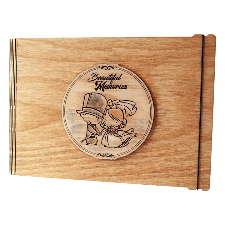 Album foto / GuestBook / Caiet amintiri din lemn VintageBox personalizata prin gravare model "Proaspat casatoriti, Beautiful Memories" - culoare Stejar Auriu