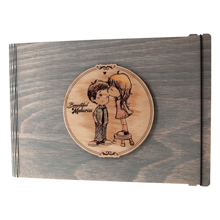 Album foto / GuestBook / Caiet amintiri din lemn VintageBox personalizata prin gravare model "Totul pentru un sarut, Beautiful Memories" - culoare gri
