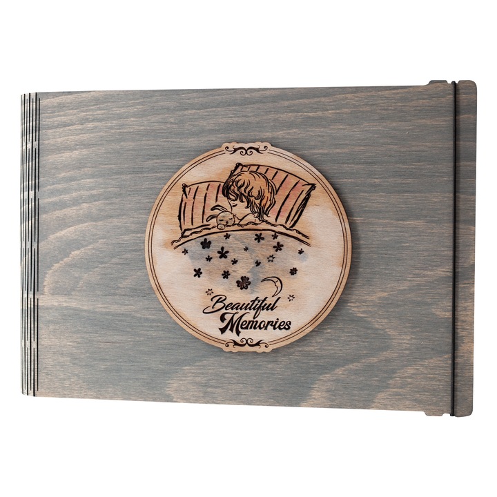 Album foto / GuestBook / Caiet amintiri din lemn VintageBox personalizata prin gravare model "Somn dulce, Beautiful Memories" - culoare gri