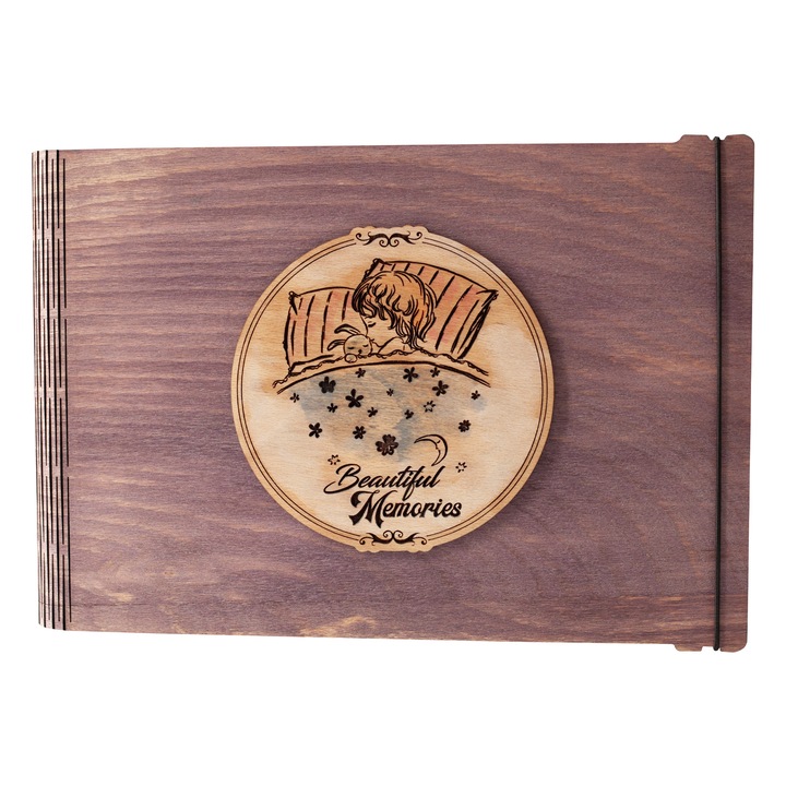Album foto / GuestBook / Caiet amintiri din lemn VintageBox personalizata prin gravare model "Somn dulce, Beautiful Memories" - culoare mov