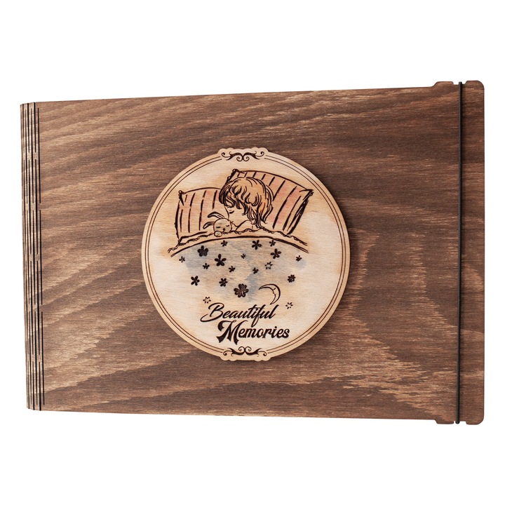 Album foto / GuestBook / Caiet amintiri din lemn VintageBox personalizata prin gravare model "Somn dulce, Beautiful Memories" - culoare nuc inchis