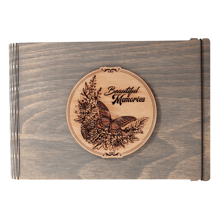 Album foto / GuestBook / Caiet amintiri din lemn VintageBox personalizata prin gravare model "Fluturasul colorat, Beautiful Memories" - culoare gri