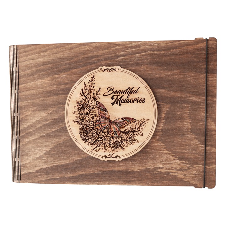 Album foto / GuestBook / Caiet amintiri din lemn VintageBox personalizata prin gravare model "Fluturasul colorat, Beautiful Memories" - culoare nuc inchis
