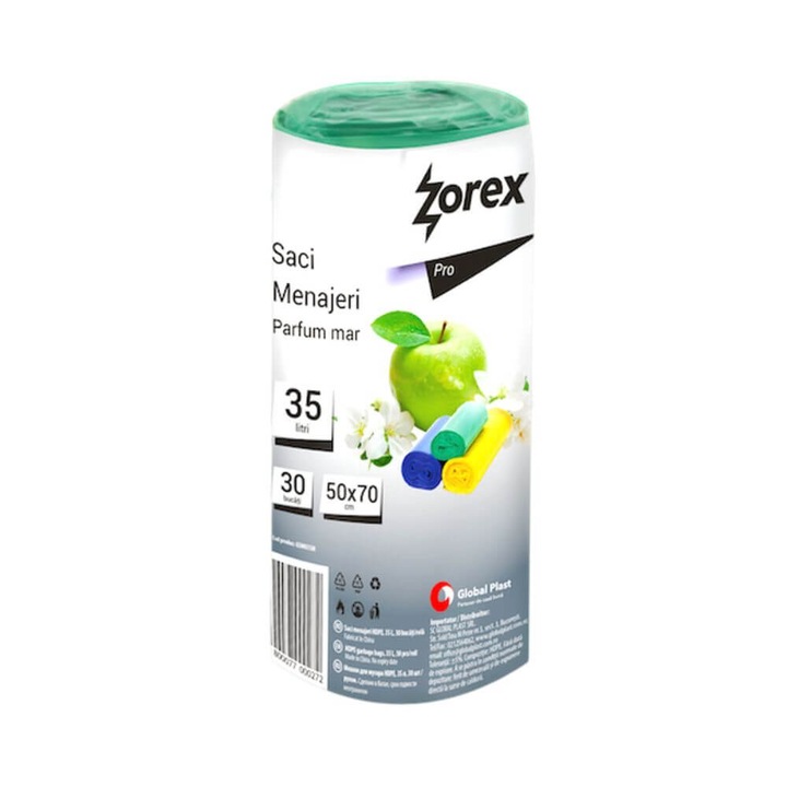 Zorex Pro illatosító tisztítózsákok, 35L, 50x70 cm, 30 db/tekercs, almaillat, zöld színű, szeméthez