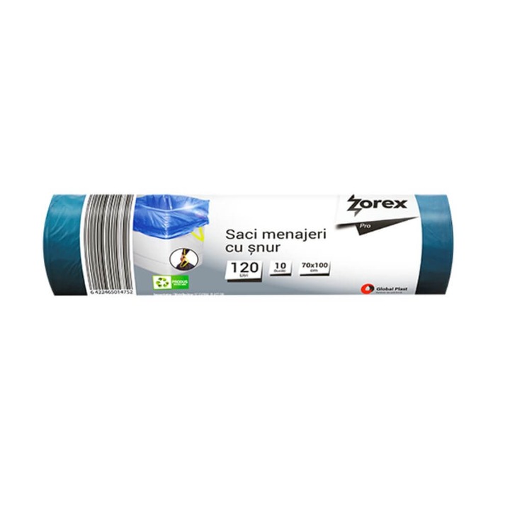 Zorex Pro használati táskák húzózsinórral, 120 l, 70x100 cm, 10 db/tekercs, kék színű, szemeteshez