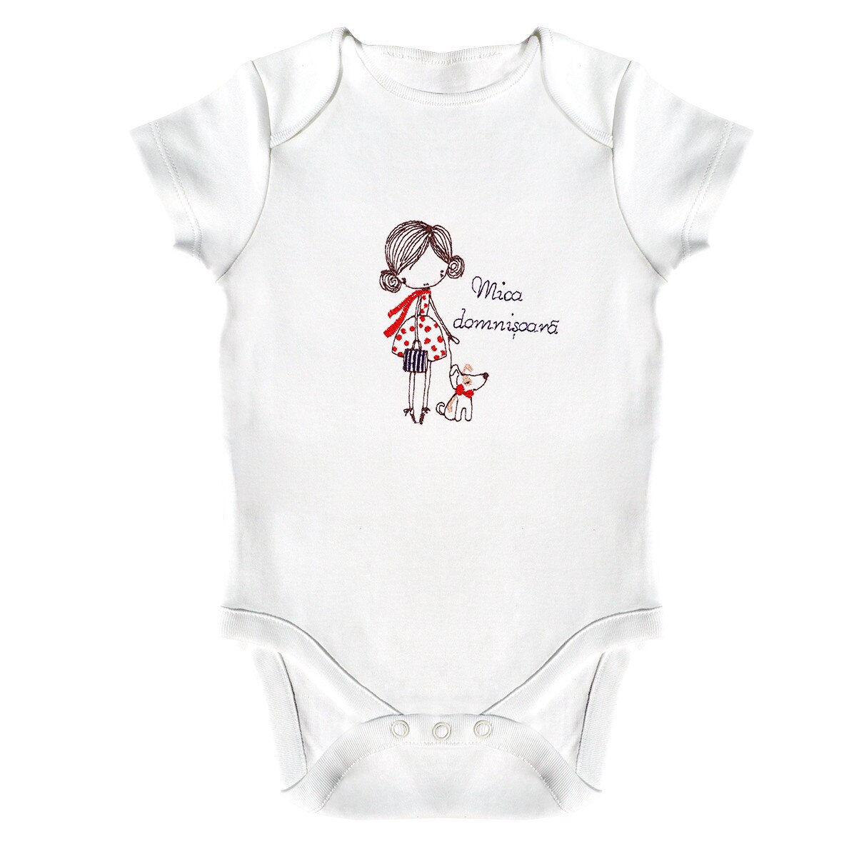 Body bebe, LWS, bumbac organic, brodat, model fetita cu catel, Alb