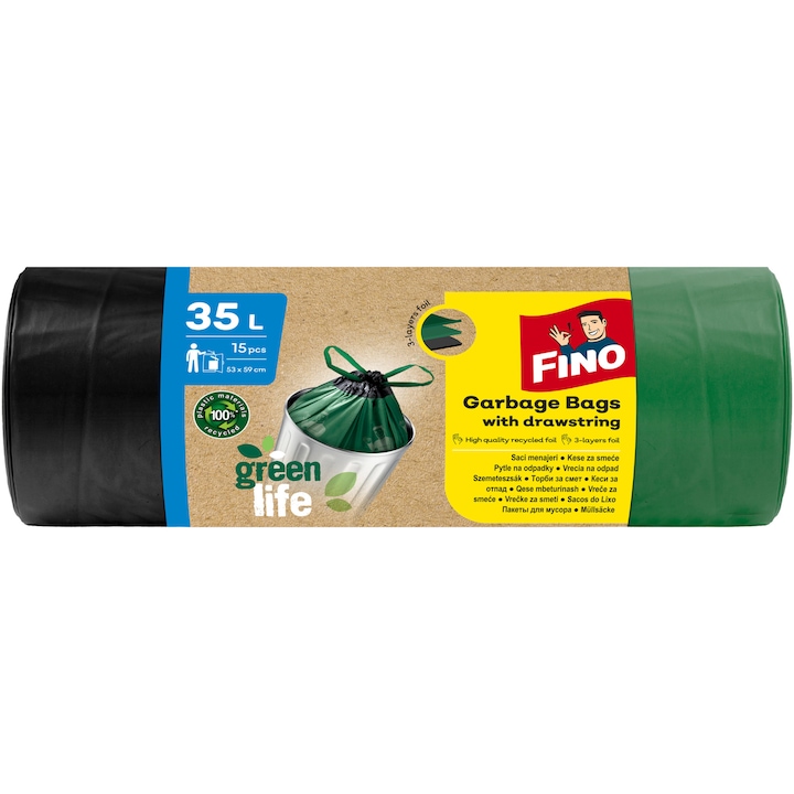 Saci menajeri Fino Green Life, cu snur 35l, 15 buc