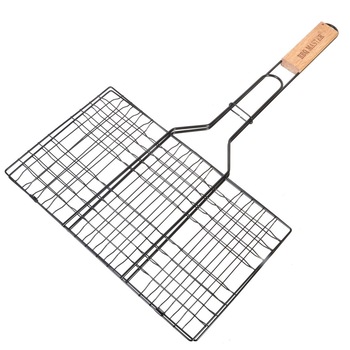 Gratar din inox,cu maner din lemn,cu 2 fete,camping 22x22x36 cm Gratar din inox,cu maner din lemn,cu 2 fete,camping 22x22x36 cm