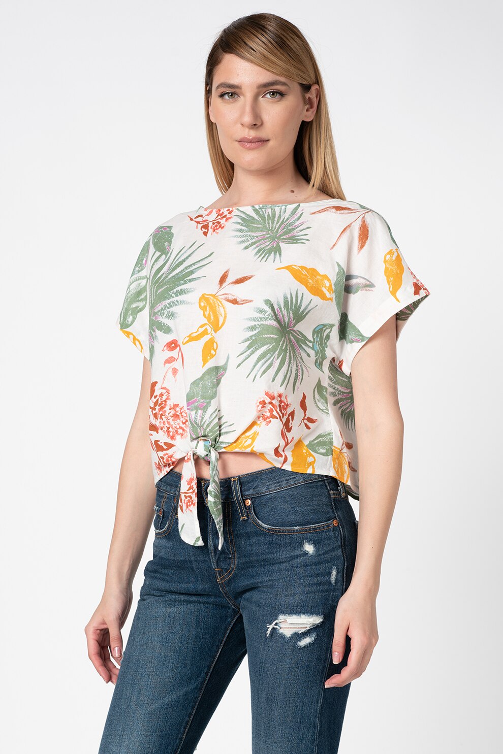 GAP, Tricou din amestec de in, cu imprimeu tropical, Alb/Verde/Rosu