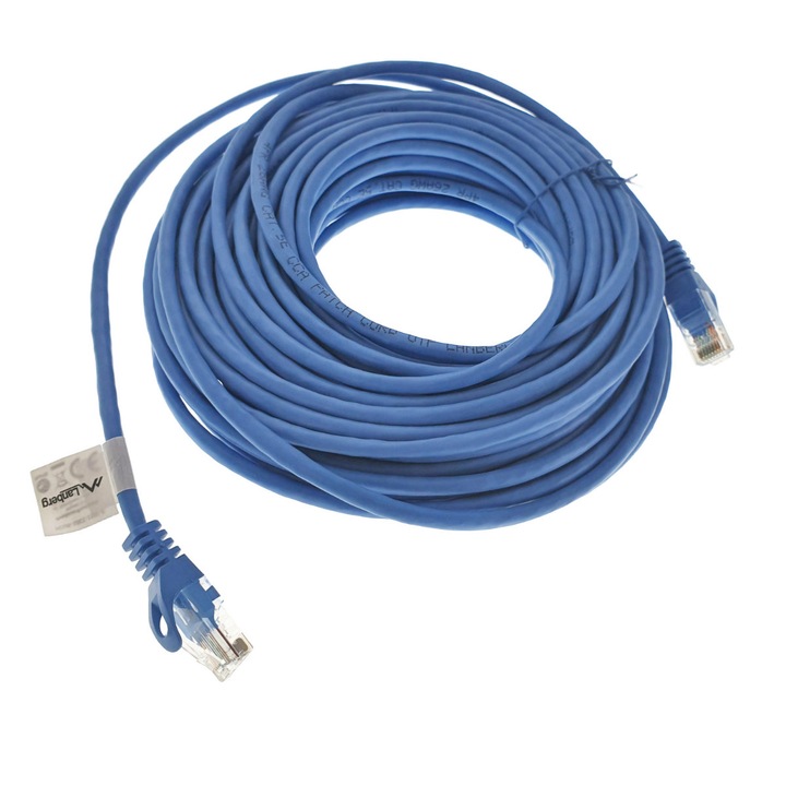 Cablu UTP, Lanberg 40458, cat.5e, mufat 2xRJ45, lungime 15m, AWG 26, 100 MHz, de legatura retea, ethernet, albastru 15 m