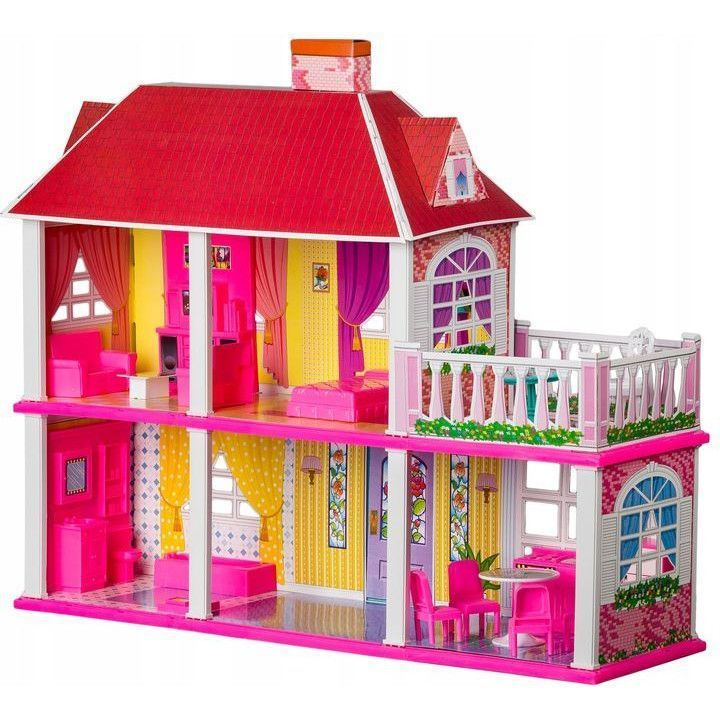 Casuta de papusi cu mobilier idealStore Residence Pink Terrace, Inaltime 70 cm, Include 2 nivele, 5 camere, Echipata cu 100 de elemente simbolice amenjate in design unic