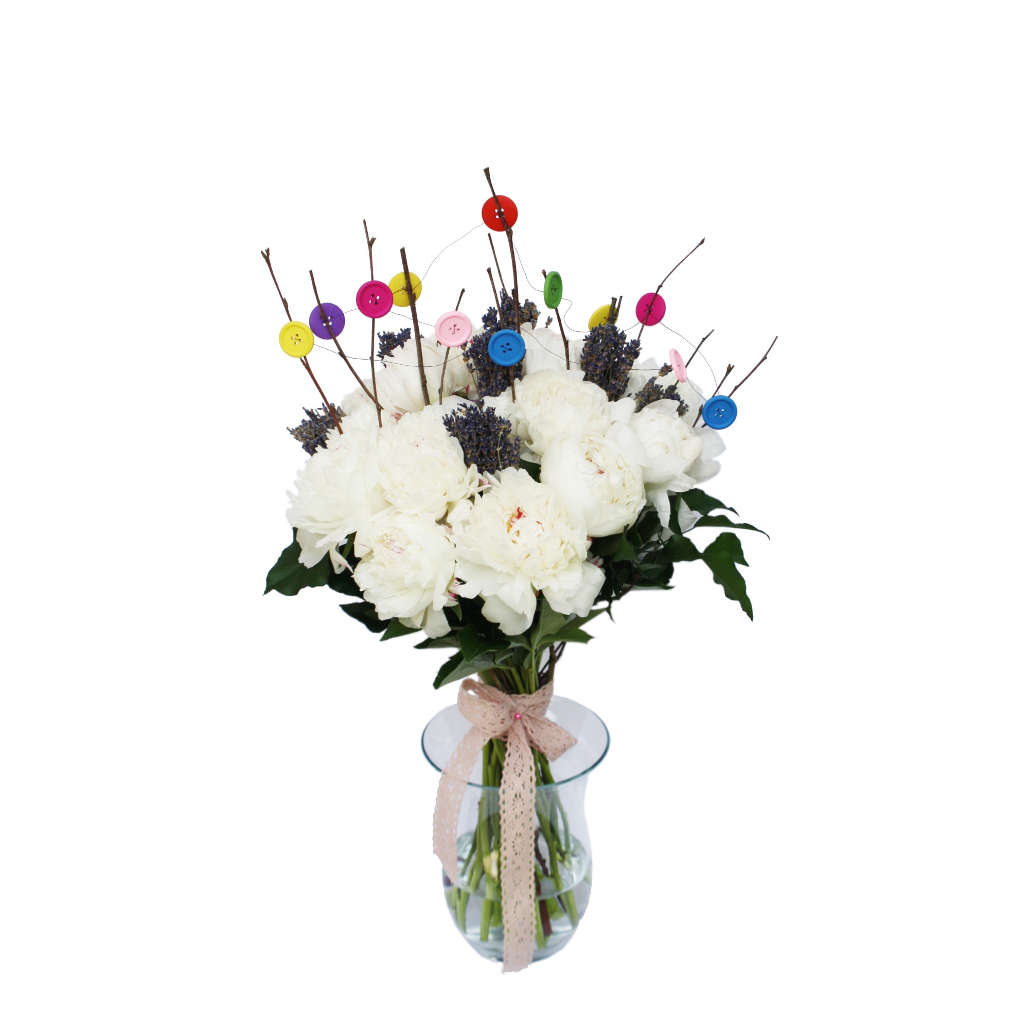 Buchet cu bujori si lavanda, Splendor, Alb, 40X30 cm