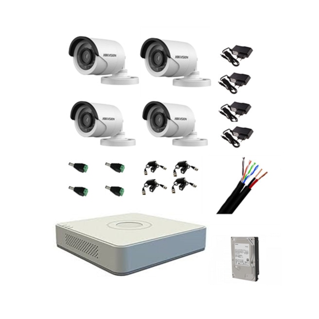 KIT complet 4 camere de supraveghere Hikvision 720P exterior/interior HDD 1TB inclus