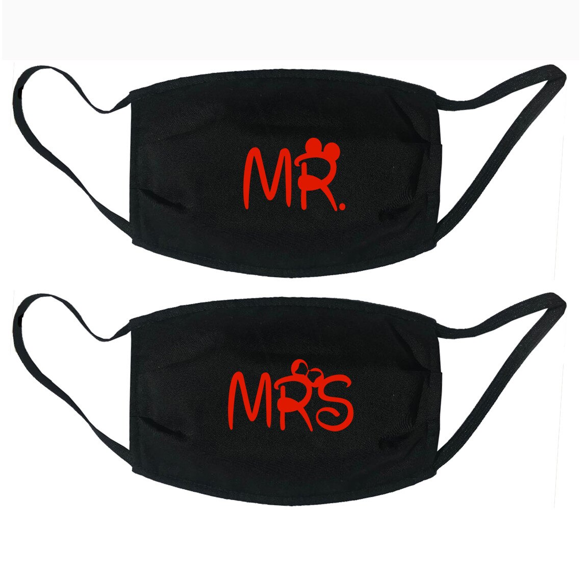 Set 2 masti personalizate pentru cuplu, reutilizabile, din material textil, cu imprimeu „Mr&Mrs”, negre