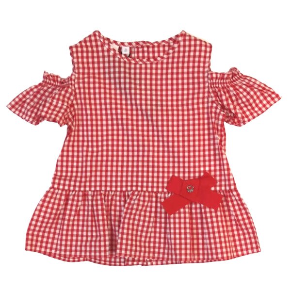 Tricou fete iDO, 6 ani, rosu si alb, model patratele