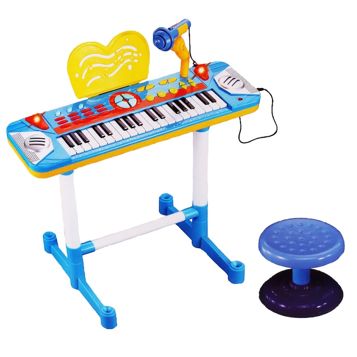 Pian electronic pentru copii cu scaunel si microfon, suport portativ, 36 de clape, melodii si efecte de sunete si lumini, Albastru