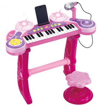 Pian electronic pentru copii cu scaunel si microfon, inregistrare si redare, suport telefon/tableta, redare muzica de pe smartphone, 31 de clape, 12 melodii si diferite efecte de sunete, Roz Pian electronic pentru copii cu scaunel si microfon, inregistrare si redare, suport telefon/tableta, redare muzica de pe smartphone, 31 de clape, 12 melodii si diferite efecte de sunete, Roz