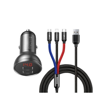 Set Incarcator Auto Premium Baseus Digital Display Dual Usb 4.8a, 24w + Cablu 3in1 Usb - Ubs Type C / Micro Usb / Lightning 1,2m Set Incarcator Auto Premium Baseus Digital Display Dual Usb 4.8a, 24w + Cablu 3in1 Usb - Ubs Type C / Micro Usb / Lightning 1,2m