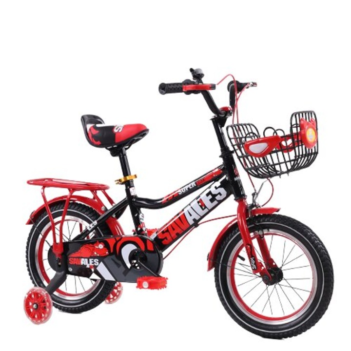 Bicicleta Go Kart Savales , 16 inch pentru copii-baieti cu varsta intre 4-7 ani,roti ajutatoare din silicon,aparatoare ,cosulet pentru jucarii ,portbagaj si sonerie,culoare rosie