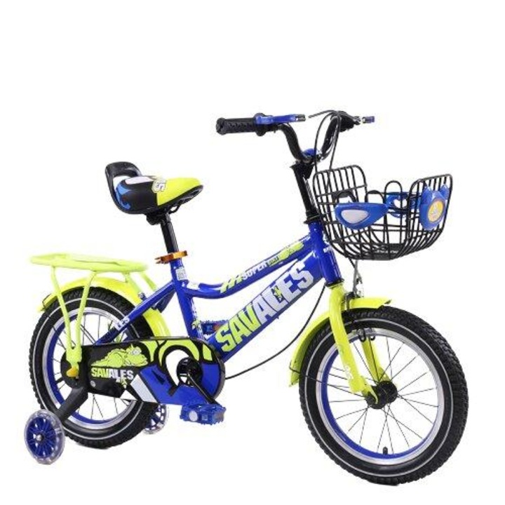 Bicicleta Go Kart Savales , 16 inch pentru copii-baieti cu varsta intre 4-7 ani,roti ajutatoare din silicon,aparatoare ,cosulet pentru jucarii ,portbagaj si sonerie,culoare albastra