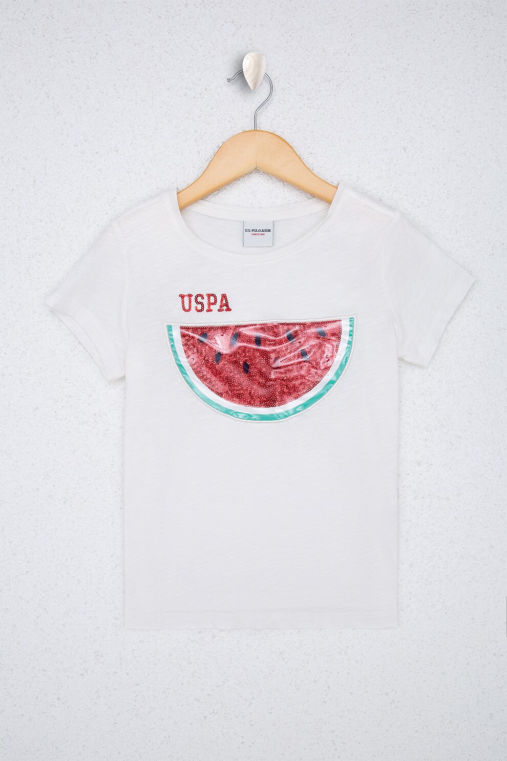 U.S. Polo Assn., Tricou cu decolteu la baza gatului si aplicatii de paiete, Alb