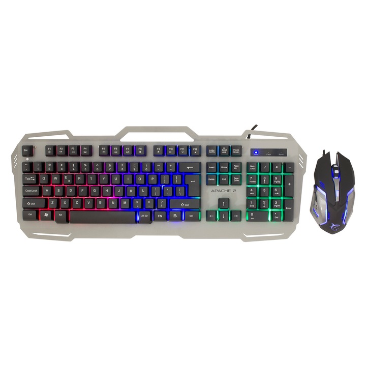 Pachet tastatura + mouse de gaming, White Shark, APACHE-2, layout HU, cu fir, Argintiu