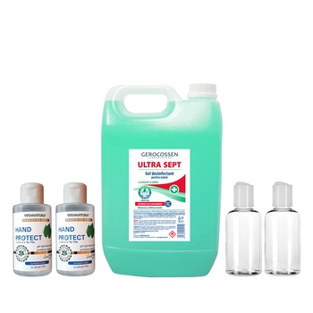 Set 5 litri Gel dezinfectant maini Biocid Gerocossen Ultra Sept + 2 x Gel igienizant pentru maini Vivanatura, 100 ml +2 x Recipient pentru gel, din plastic, 80 ml Set 5 litri Gel dezinfectant maini Biocid Gerocossen Ultra Sept + 2 x Gel igienizant pentru maini Vivanatura, 100 ml +2 x Recipient pentru gel, din plastic, 80 ml